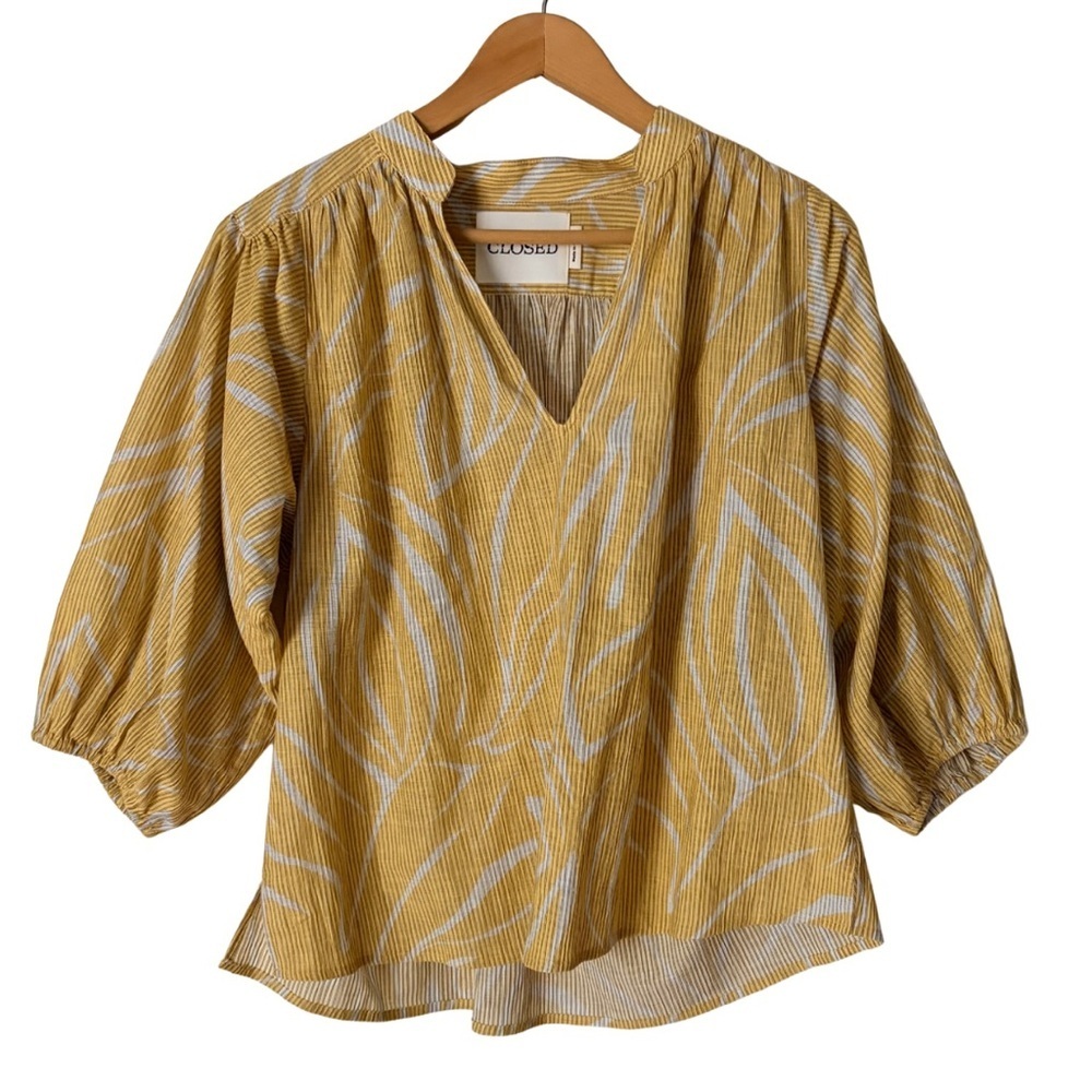 CLOSED Boho Yellow Print V-Neck Blouse Balloon Sleeves, Small